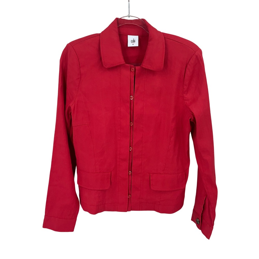 Cabi Jacket Women Size M Red Linen Blend Collared Button Up Classic Minimalist